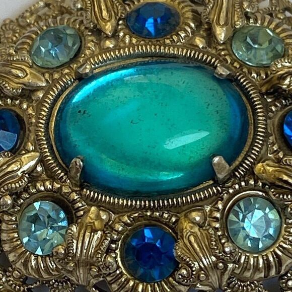Vintage 1950s German Blue Porphyry Glass Art Nouveau Filigree Costume Brooch HTF - Picture 3 of 6